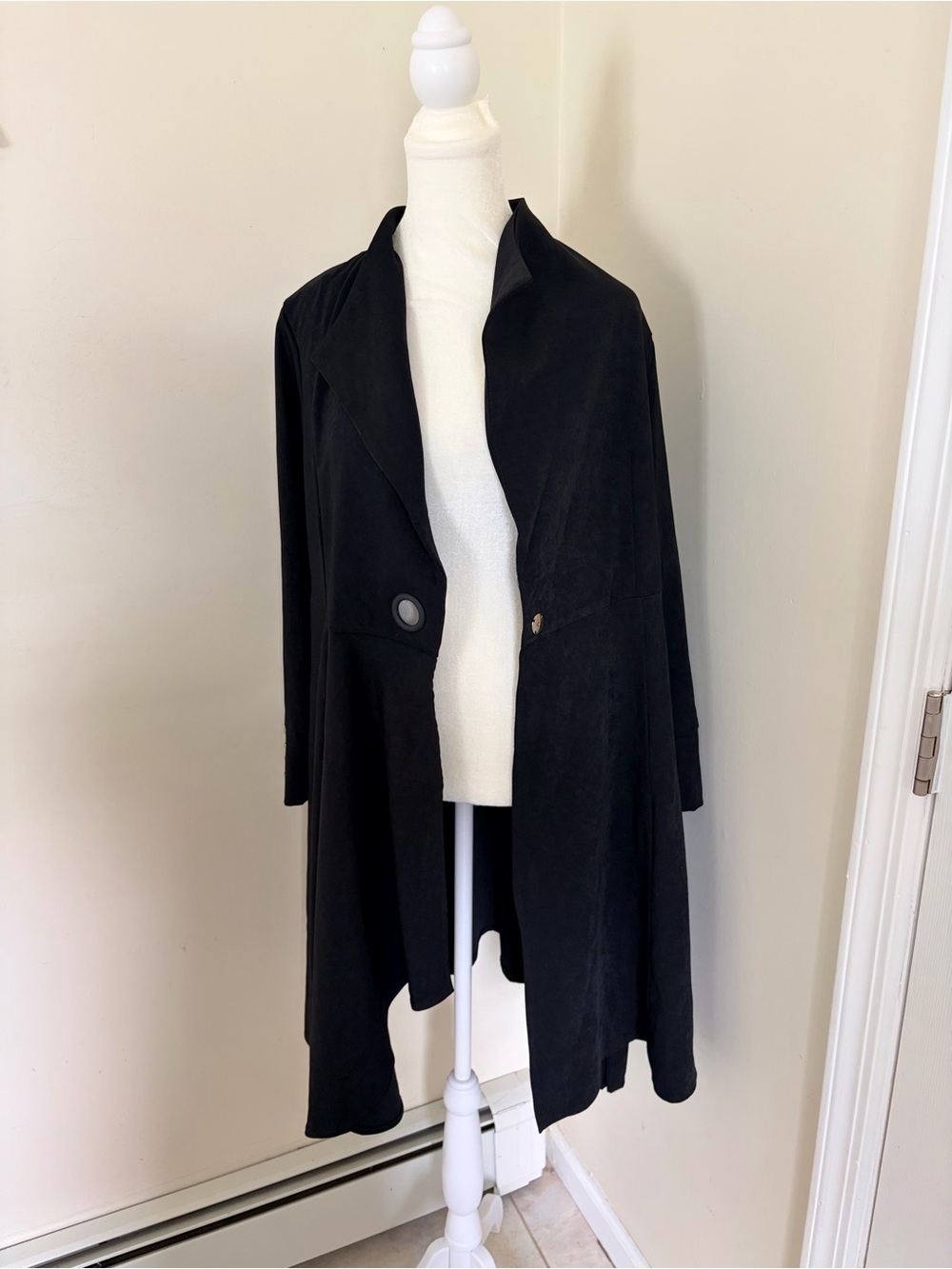 Black duster jacket belted trench coat with button details